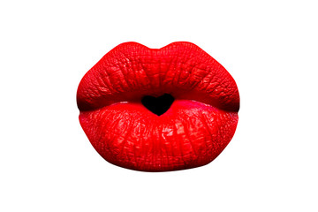 Heart in lips isolated on white background. Red woman mouth. Sexy kiss. Valentines day concept. Icon of love. Happy Valentine's Day.