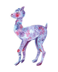 Blue dreamy cute alpaca, blue, purple and pink colors, hand drawn watercolor illustration