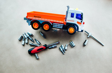 Set of tools wrenches with  toy car.Car  help service concept.