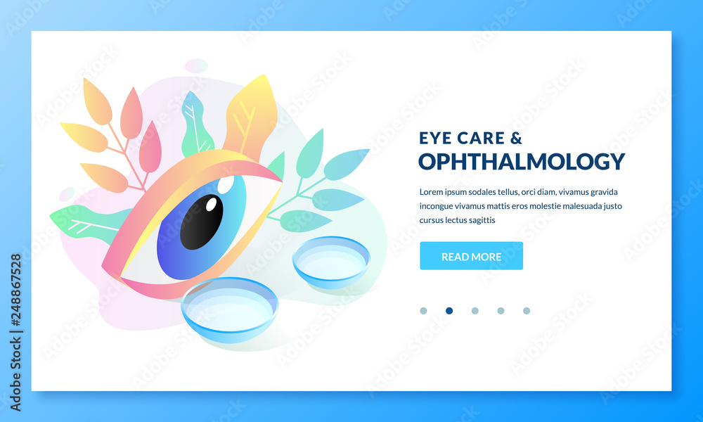 Wall mural ophthalmology eye care concept. vector isometric illustration of human eye and contact lenses. banne