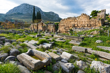 Part of the archaeological site of ancient Corinth in Peloponnese, Greece - obrazy, fototapety, plakaty