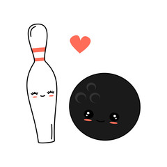 cute cartoon vector illustration with bowling ball and pin in love 