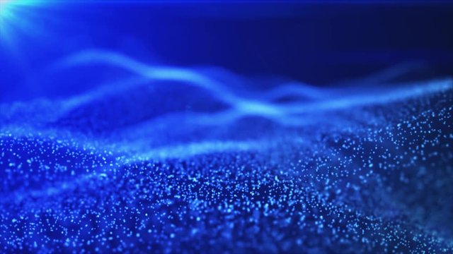 looped background of luminous particles, the theme of the microworld or space, science fiction or a beautiful mysterious background with shiny iridescent particles. Blue v12 curved lines