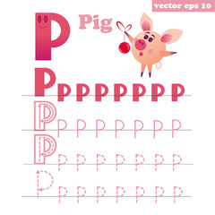 Fototapeta na wymiar P letter with funny cartoon pig character