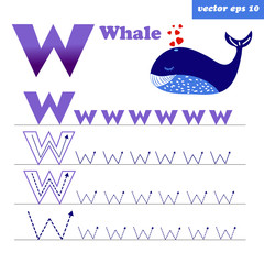 W letter with funny cartoon whale character