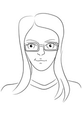 cute young woman with long straight hair wearing glasses, nerd, farsighted
