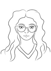 cute young woman with long hair wearing big glasses, farsighted