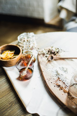 still life kitchen table, wooden board, vase