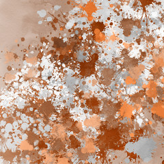 Fototapeta premium Orange paint splatter effect texture on gray paper background. Artistic backdrop. Different paint drops. Rusted metal.