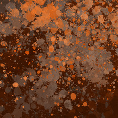 Fototapeta premium Orange paint splatter effect texture on gray paper background. Artistic backdrop. Different paint drops. Rusted metal.