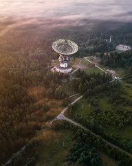 An aerial view of RT-64 (aka TNA-1500) radio telescope of Kalyazin Radio Astronomy Observatory. Tver region, Russia