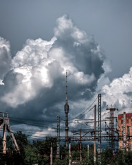 Ostankino TV Tower among the clouds and city wires