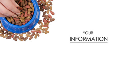 Food for dogs and cats in a blue bowl in hand pattern on a white background isolation, top view