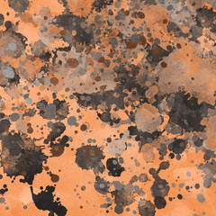 Orange paint splatter effect texture on gray paper background. Artistic backdrop. Different paint drops. Rusted metal.