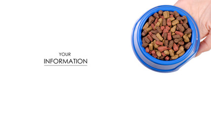Food for dogs and cats in a blue bowl in hand pattern on a white background isolation, top view