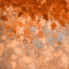 Orange paint splatter effect texture on gray paper background. Artistic backdrop. Different paint drops. Rusted metal.