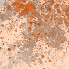 Orange paint splatter effect texture on gray paper background. Artistic backdrop. Different paint drops. Rusted metal.