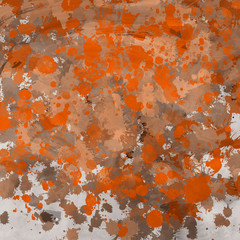 Orange paint splatter effect texture on gray paper background. Artistic backdrop. Different paint drops. Rusted metal.