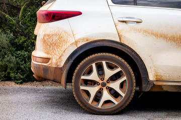 Extremely dirty SUV car parked near the bush after the adventure - Powered by Adobe