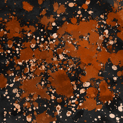 Orange paint splatter effect texture on gray paper background. Artistic backdrop. Different paint drops. Rusted metal.