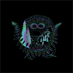 Illustration of Christmas trees, lake, island, sunset, infinity sign, fern leaves and patterns.