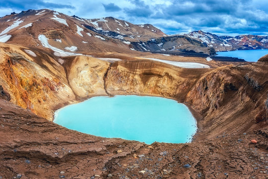 Amazing nature landscape, Viti crater geothermal lake and Oskjuvatn lake in Askja caldera, highlands of Iceland. Scenic panoramic view, outdoor travel background