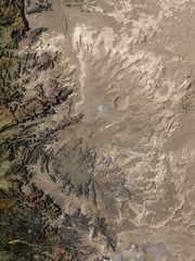 In the arid interior of Yemen, ancient rocks stand astride dry river beds and mighty sand dunes. Collage. Elements of this image furnished by NASA.