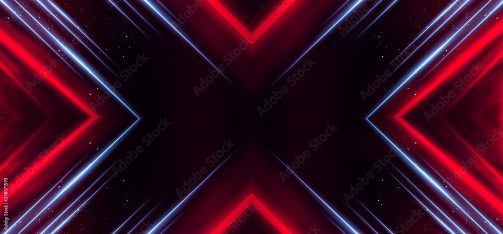 Poster background wall with neon lines and rays. background of an empty dark corridor with neon light. abst