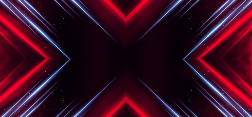Background wall with neon lines and rays. Background of an empty dark corridor with neon light. Abstract background with lines and glow. © MiaStendal