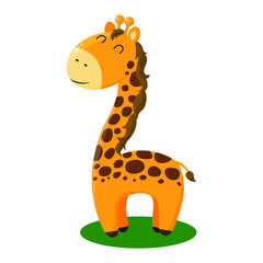 Cute cartoon giraffe on the grass on a white background. Vector illustration. Funny animals.