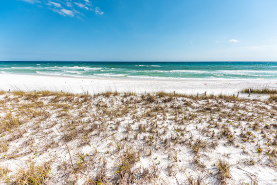 Destin, USA Miramar beach city town village day in Florida panhandle gulf of mexico ocean water sand dunes plants sea oats