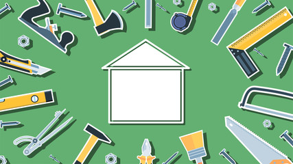 Flat paper construction tools with copy space. House icon in the center. Wide angle eps10 vector illustration