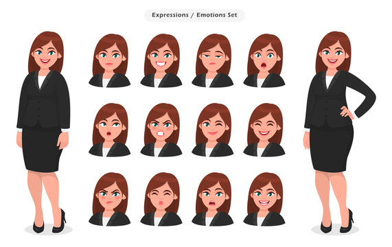 Set of different face expressions/emotions for female cartoon character. Beautiful woman emoji/avatar with various facial expressions. Human emotion concept illustration in vector cartoon style.