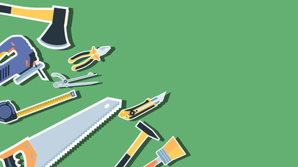 Set of construction tools on green background with copy space. Wide angle eps10 vector illustration