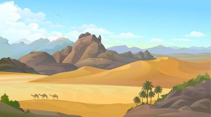 Camels migrating across a vast hot desert and surrounded by big mountains © ActiveLines
