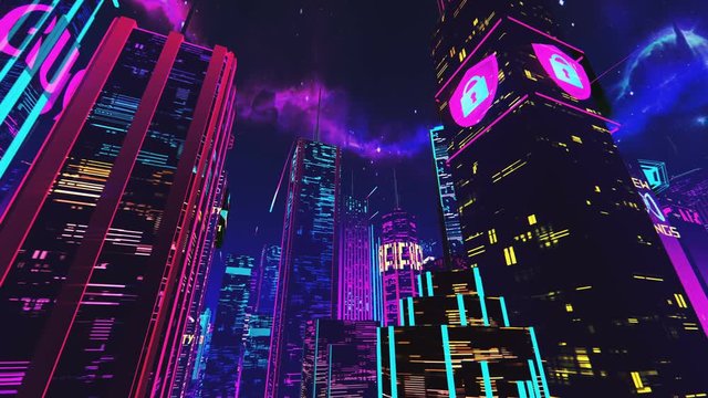 360 degree pan of futuristic city square, skyscrapers, ads, holograms, neon. Loopable synthwave 3D city, beautiful pink and purple background