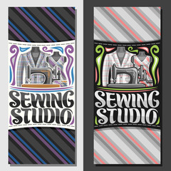 Vector banners for Sewing Studio, template with flourishes, old sewing machine, elegant mens blazer and retro female dress on dummies, brush lettering for words sewing studio on striped background.