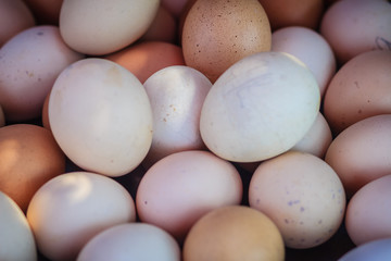 Close up white and brown chicken eggs background. Boiled or grilled eggs for sale on the street in Bangkok, Thailand.