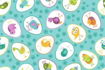 Seamless pattern with Easter eggs and funny birds. Vector background for fabric, textile, wallpaper, posters, gift wrapping paper, napkins, tablecloths, pajamas. Print for kids, children, baby