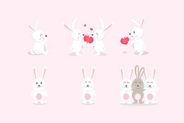 Obraz na płótnie Canvas Cute rabbit and friends, white bunny, animal kid cartoon characters, Valentines day and friendship, vector illustration