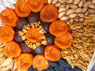 food for brain and heart dried apricots and nuts Concept of healthy food.