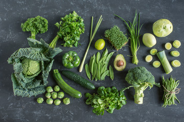 Green vegetables and fruit selection - obrazy, fototapety, plakaty