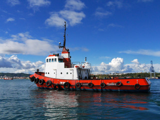 Red Tug at bay anchorage in estuary awaiting towing operation.