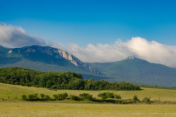 Naklejka premium Ukrainian Crimean rural landscape under blue sky summer sunny day