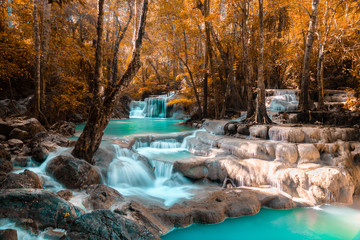 Erawan waterfall is a large and beautiful on the banks of Kwai Yai river, it is located in Si sawat District, Kanchanaburi province, Thailand.