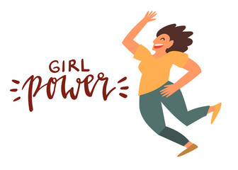 Girl power - celebration card template vector with handwritten lettering and hand drawn illustration of happy woman jumping in air isolated on white.