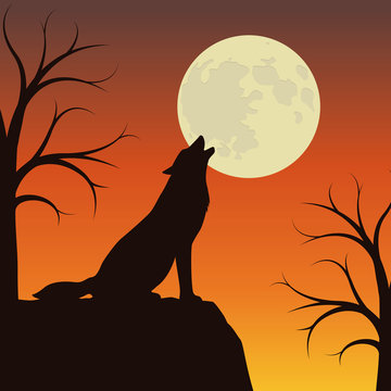 wolf howls at the full moon orange and brown landscape vector illustration EPS10