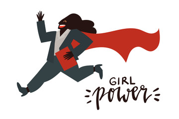Girl power - celebration card template vector with handwritten lettering and hand drawn illustration of happy business woman in super hero cape running isolated on white.