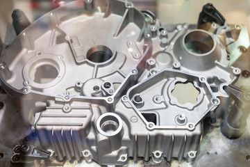 Close up Industrial aluminum casting parts cover crankcase or cylinder block of vehicle automobile...