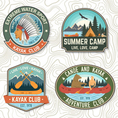 Set of canoe and kayak club badges Vector. Concept for patch, print, stamp or tee. Vintage design with mountain, river, american indian and kayaker silhouette. Extreme water sport kayak patches